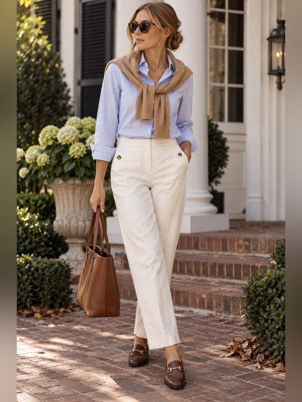 J.Crew Size 4 Ivory Linen Cotton Straight Leg Pants Tortoise Button